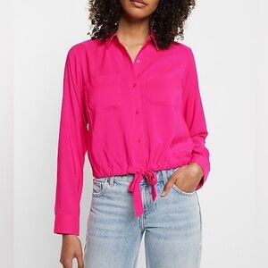 Express Hot Pink Tie-Hem Button-Down Shirt